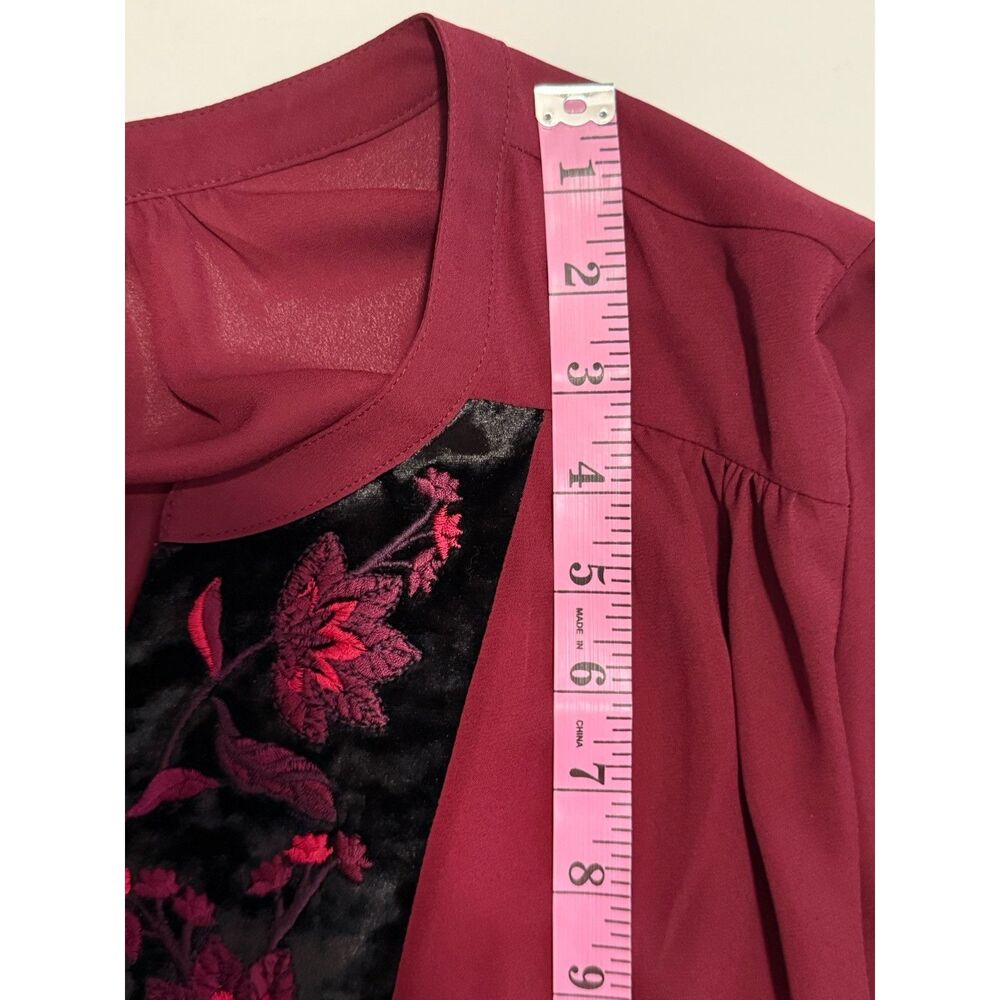 Catherines 2X Blouse Top Floral Velvet Accent Flowy Flared Sleeve Maroon Classic - Picture 10 of 12